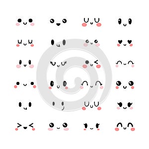 Emotional cute faces in kawaii style. Happy feelings. Emoji icons. Set of funny and lovely kawaii emoticon faces. Smile