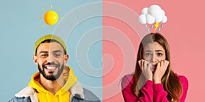 Emotional Diversity. Man With Sun And Woman With Cloud Emoji Above Head