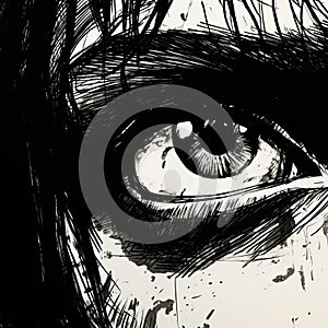 Emotional And Dramatic Black And White Eye Drawing With Long Hair