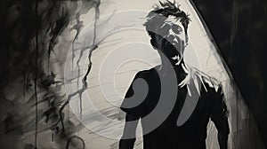 Emotional And Dramatic Painted Illustration Of A Shrieking Scary Man