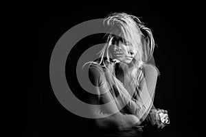 Emotional dreamy woman portrait triple Multiple exposure black and white photo. Hug suport and love emotions