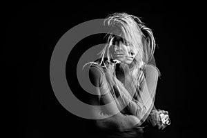 Emotional dreamy woman portrait triple Multiple exposure black and white photo. Hug suport and love emotions photo