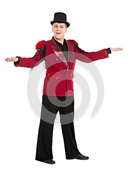 Emotional Entertainer in Red Suit and Silk Hat