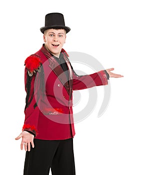 Emotional Entertainer in Red Suit and Silk Hat