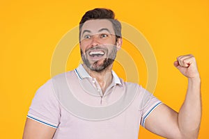 Emotional excited man with amazed expression. Human reaction and emotions. Close up studio portrait of excited man with
