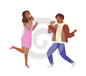Emotional expressive man woman cartoon characters singing in microphone performing in talent show