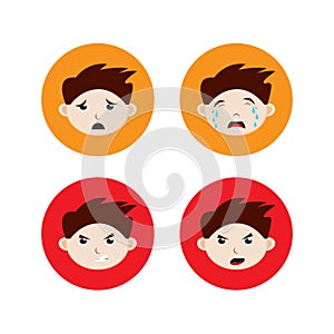 Emotional face boy expressions pack. Flat character vector illustration. Tired, Crying, Angry, Furious, Annoyed