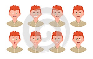Emotional face cartoon character young office man front view design vector. Happy, smiling, upset, surprised, sad, angry, shouting
