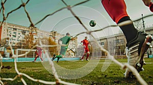 Emotional football match moment player scores goal, goalkeeper makes crucial save