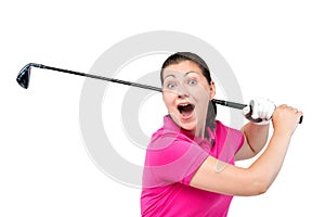 emotional happy girl with a golf club isolated on white