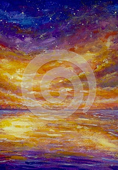 Emotional impressionism beautiful sunset over water Oil painting