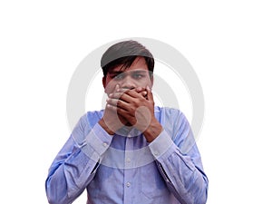 Emotional indian man keep his mouth closed by his hands Isolated on White background.