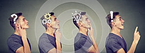 Emotional intelligence. Side view sequence of a man thoughtful, thinking, finding solution with gear mechanism, question, exclamat photo