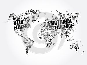 Emotional intelligence word cloud in shape of world map, business concept background