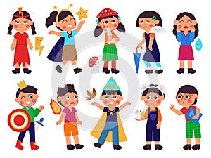 Emotional kids. Kawaii children emotion, cute kindergarten boys and girls expression. Cartoon child with tiny friends