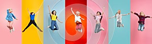 Emotional kids and teens jumping high, look happy and cheerful on multicolored background