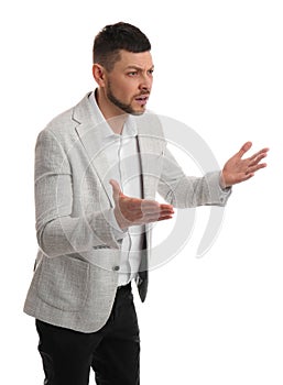 Emotional man in suit on white