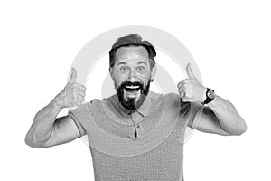 Emotional man with two thumbs up isolated on white background. Excited bearded emotional guy with happy face. Thumbs up on both ha