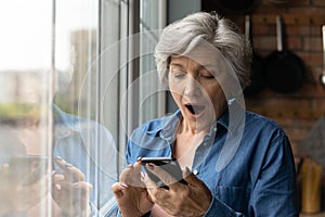 Emotional middle aged elderly woman surprised by mobile notification.