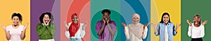 Emotional multicutural people gesturing on colorful backgrounds, collage, banner