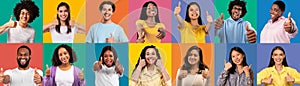 Emotional multiethnic millennials showing thumb ups on colorful studio backgrounds
