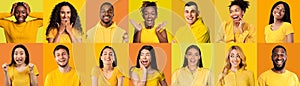 Emotional multiethnic millennials in yellow having fun on colorful backgrounds