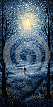 Emotional Naturalism: A Snowy Starry Sky Painting In The Style Of Dan Mumford And L.s. Lowry