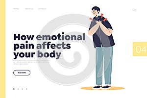 Emotional pain affect on body concept of landing page with man suffer from chest ache