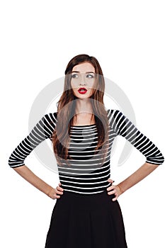 Emotional portrait Cute beautiful girl artist. . White background, isolated. Red lips, long hair brunette.