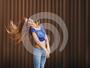 Emotional portrait of Fashion stylish of pretty young hipster blonde woman in glasses ,going crazy