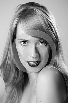 Emotional portrait of young beautiful pretty girl. bw