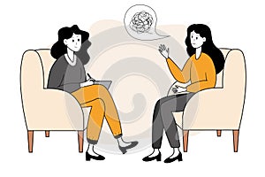 Emotional and psychological support. Woman talking to psychologist. Vector illustration.