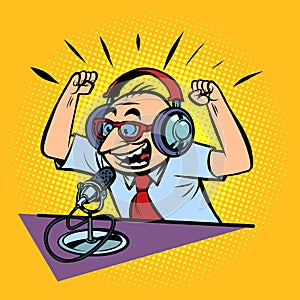 Emotional radio podcaster male sports commentator