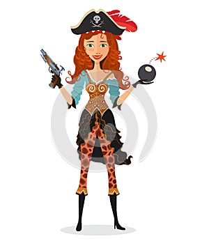 Emotional red-haired pirate girl holding a bomb with lit fuse with powder gun isolated on white background - vector illustration.