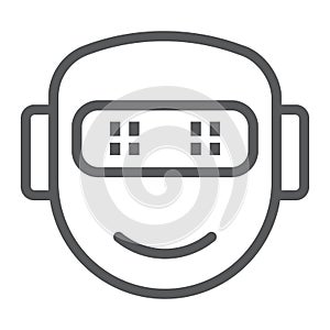 Emotional robotics line icon, technology and cyborg, robot face smile sign, vector graphics, a linear pattern on a white