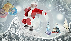 Emotional Santa Claus congrats with New Year and Christmas 2023. Winter, holidays, wishes and travel, adventures