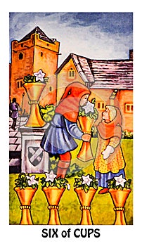 Six of Cups Tarot Card Emotional Security Being Cared for Giving and Receiving Openness Sharing Goodwill Kindness Charity Gi photo