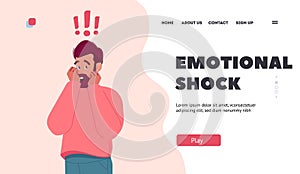 Emotional Shock, Stress Landing Page Template. Mature Caucasian Man Covering Open Mouth. Astonished Male Character