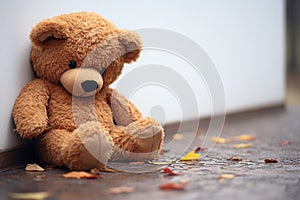 Emotional solitude Childs teddy bear alone, looking sad and disappointed