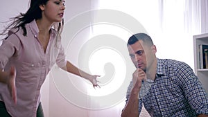 Emotional stress, miserable man suffers from hysterical scream of Aggressive woman during psychosis with aggressive