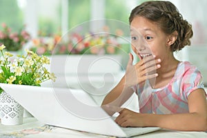Emotional surprised cute girl using laptop at home