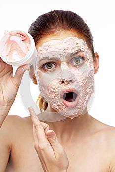 emotional woman cream face mask bare shoulders health