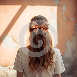 Emotionally Complex Back View Of Woman With Bow Tie In Light Amber Style
