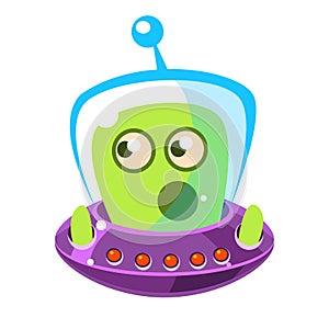 Emotionally speaking green alien in a flying saucer, cute cartoon monster. Colorful vector character