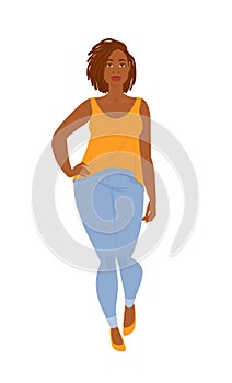 Emotions. Beautiful curvy black woman in casual clothes with dreadlocks, full length