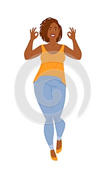 Emotions. Beautiful curvy black woman in casual clothes with dreadlocks, full length