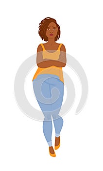 Emotions. Beautiful curvy black woman in casual clothes with dreadlocks, full length