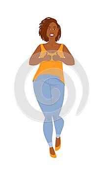 Emotions. Beautiful curvy black woman in casual clothes with dreadlocks, full length