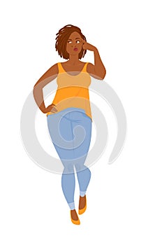 Emotions. Beautiful curvy black woman in casual clothes with dreadlocks, full length