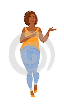 Emotions. Beautiful curvy black woman in casual clothes with dreadlocks, full length